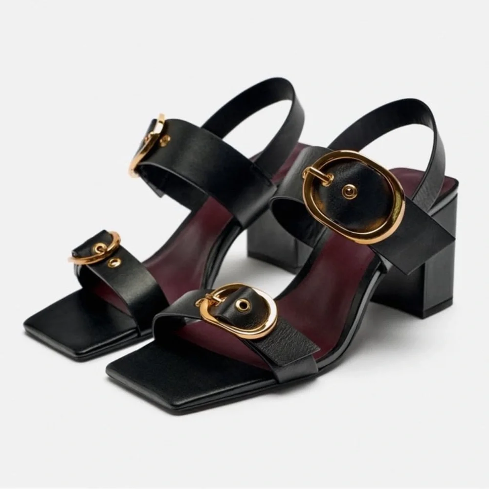 Zara Black Leather Block Heel Buckled Sandals. Size 8 - Picture 2 of 15